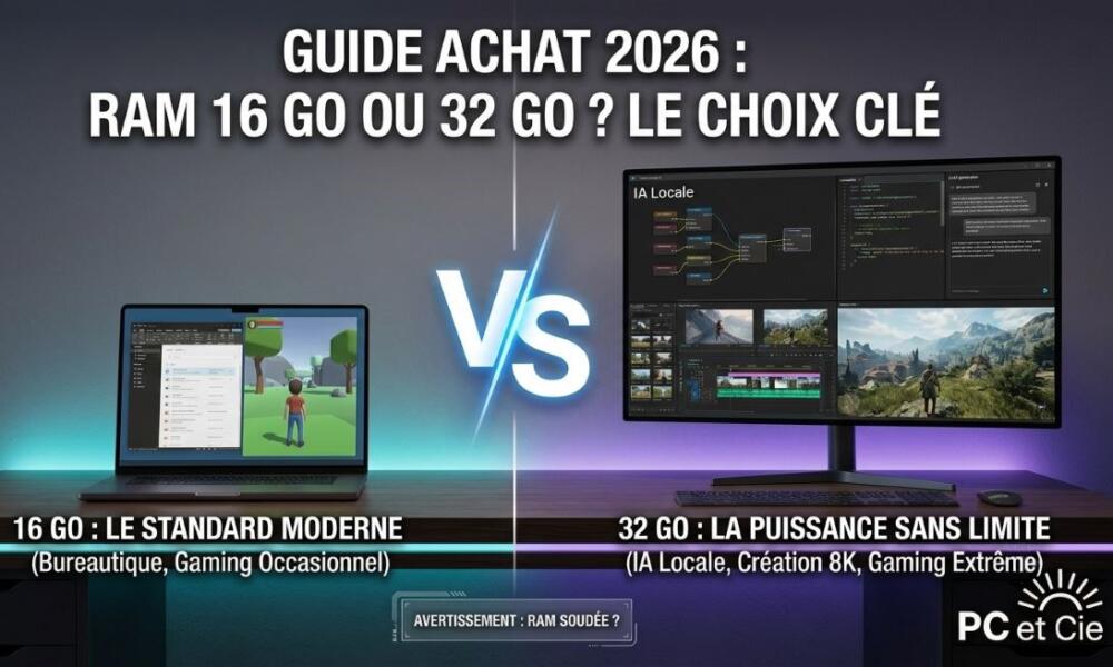 Comparatif RAM 16 Go contre 32 Go sur un établi tech PC et Cie